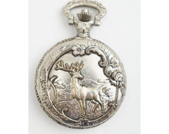 Details Pocket Watch Silver Elk Deer Embossed Quartz Good Need Battery