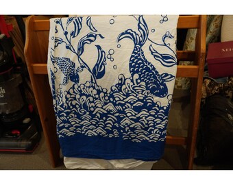 Pottery Barn Duvet Cover Full/Queen Blue White Koi Fish Organic Cotton Excellent