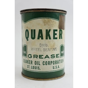 Quaker Grease Tin 1lb Green Vintage Dark Wheel Bearing Oil Corp St Louis Fair image 1