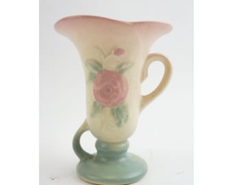 Hull Pottery Vase Double Handle Pink Yellow Camellia Open Rose