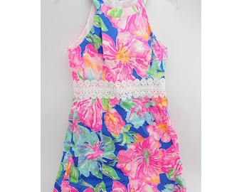 Lilly Pulitzer Women's Size 6 Halter Mini Floral Print Dress White Lace Trim