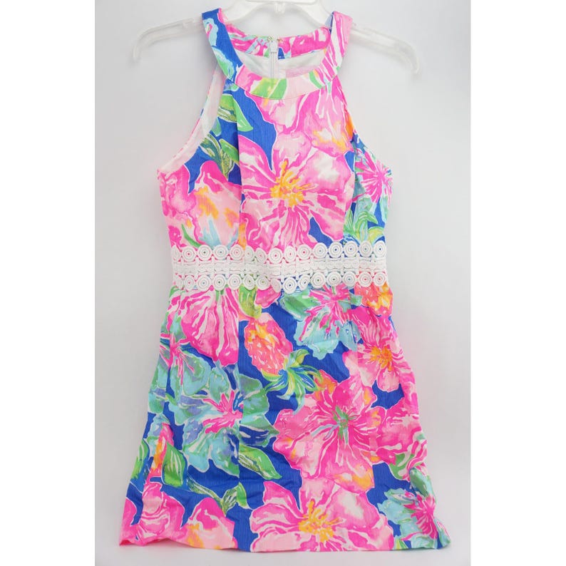 Lilly Pulitzer Women's Size 6 Halter Mini Floral Print Dress White Lace Trim image 1