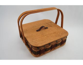 Handmade Amish Eli & Caroline Troyer Woven Basket  Leather Handle 12" x 12" x 4