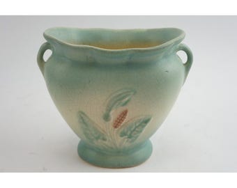 Hull Calla Lily Vase Pottery 237 Turquoise Blue Floral Double Handle 6" VGC