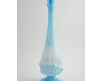Fenton Bud Vase Blue Slag Glass Rose Embossed Scalloped Base Excellent