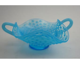 Fenton Hobnail Bonbon Trinket Dish Blue Opalescent Ruffled Glass EUC