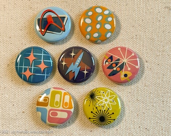 Pins / Magnets 1" - Atomic Mid Century Modern (set of 7)