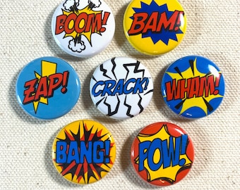 Pins / Magnets 1" - Zap! Pow! Comic Style (set of 7)