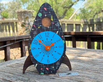 MCM Style Rocket Desk Clock - Rockets, Blue
