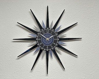 Mid-Century Modern Starburst Clock, Black & Blue Acrylic, Glitter Accent