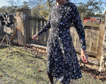 Airplanes & Flowers Dark All-over print long sleeve midi dress