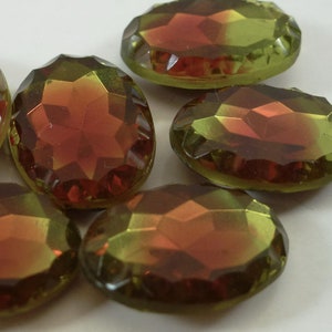 6 Vintage Glass Rhinestones, Oval 18x13mm, Bi-Color Green Red 2 tone, Scalloped Edge TTC Top, Foiled Back, D3-2D