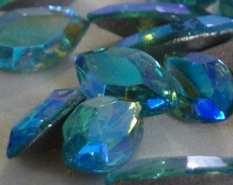36 Blue Aqua AB Navette 10x5mm Vintage Glass Rhinestones, Cut TTC Top, Foiled Point back, Germany, A5-6