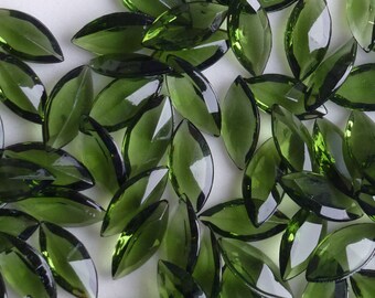 36 Vintage Faceted Green Navette 15x7mm Glass Rhinestones   Emerald Clear, Cut Top, Pointed Back, Germany,   A2-1B