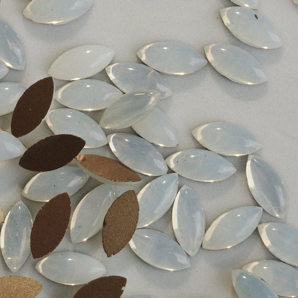 36 Vintage White Opal Foil Flat Back Navette 15x7mm Glass Rhinestones Dome Top, Germany, 36 pieces B3-5B