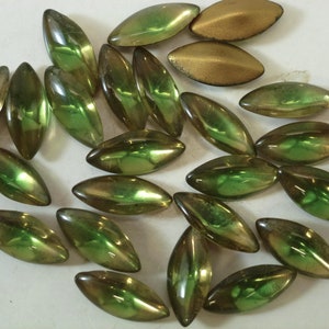 24 Vintage Glass Rhinestones Navette 15x7mm, 2-Tone Green Topaz Bi-Color, Dome Top, Foiled Point Back, A3-6B