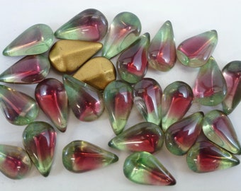 Rare Vintage Glass Rhinestones, Teardrop Pear 13mmx 8mm, 2-Tone Red & Green Bi-color, Dome top, Foiled PB, 24 pieces E3-2C