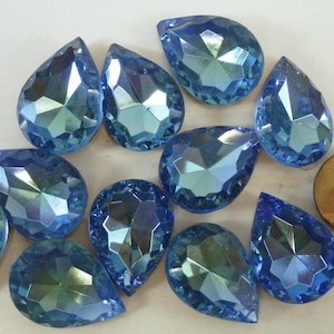 Vintage Glass Rhinestones, Teardrop Pear 18mm x 13mm, Aqua Clear Blue, TTC Top Scalloped Edge, Foiled Point Back, 6 pieces F3-6D