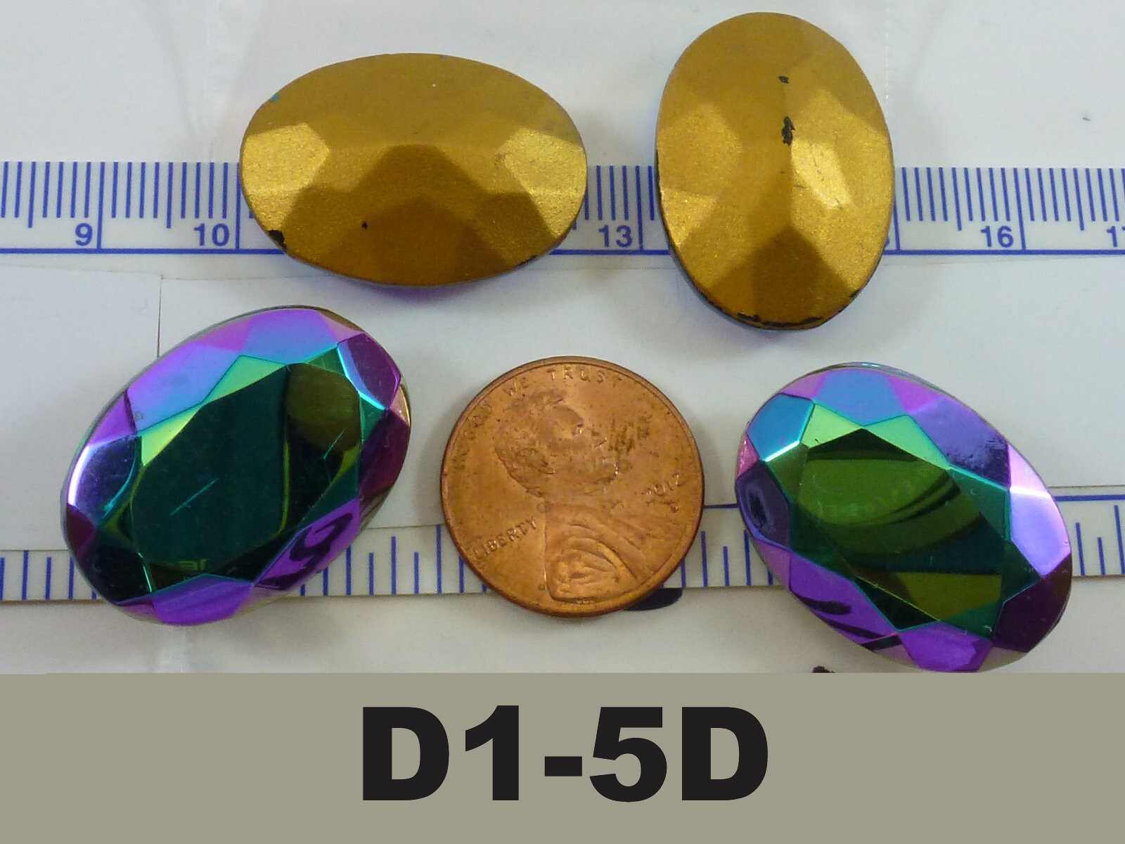 2 Vintage Glass Rhinestones, Oval 25x18mm, Red Aurora Borealis