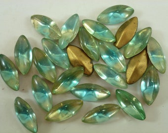 24 Vintage Navette 15x7mm Glass Rhinestones, 2-Tone Green Bi-Color, Dome Top, Foiled PB, Germany A2-2C