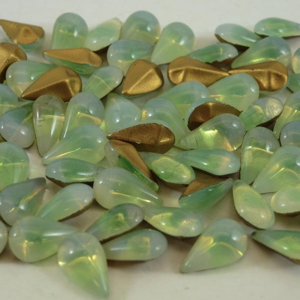 72 pc Vintage Glass Rhinestones, 10x6mm Teardrop Pear Green Sabrina Opal, Dome Top, Foiled Point Back, F5-5C