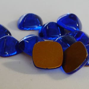 2 Vintage Glass Rhinestones, 15mm Square, Sapphire Blue, Dome Top, Foiled Flat Back, Germany I2-7B