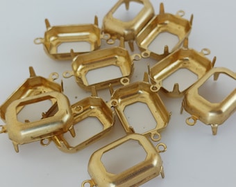 12 Octagon 18x13mm Brass Prong Setting Open back Two Loop for Rhinestones Findings raw brass USA made U10-B