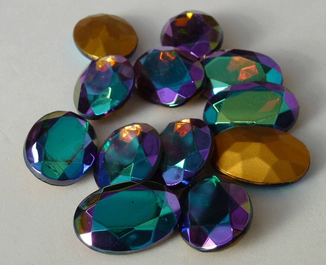 2 Vintage Glass Rhinestones, Oval 25x18mm, Smoke Topaz Aurora Borealis ...