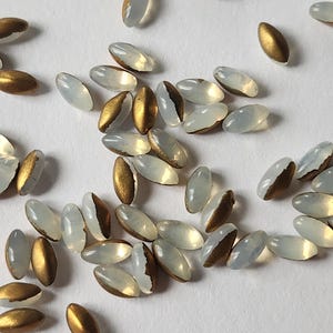 Può includere: Un assortimento di perline ovali. Alcune perline sono traslucide con un rivestimento metallico dorato su un'estremità. Le perline sono sparse su una superficie bianca. Queste perline sono adatte per la creazione di gioielli.
