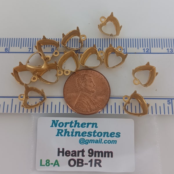 12 Heart 9mm Brass Prong Setting Open back One Loop for Rhinestones Findings raw brass USA made  L8-A
