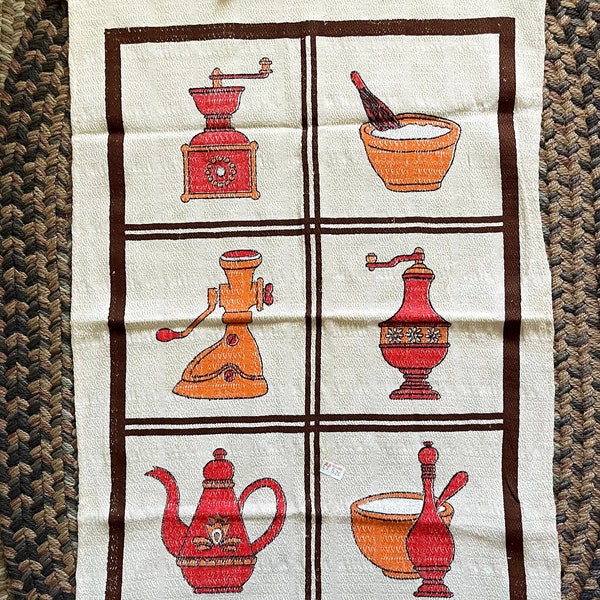 Vintage 70s Brown Orange Red Cooking Kitchen Tea Towel w/Fringe New Unused