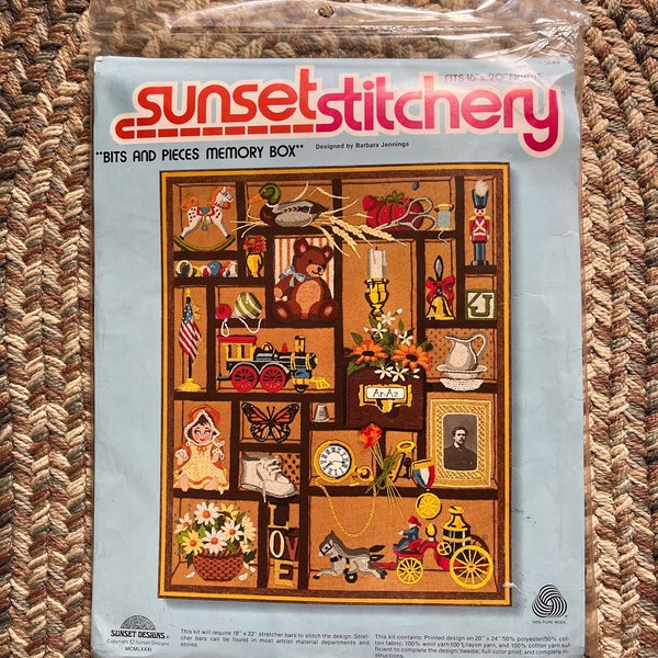Vintage 80s Sunset Stitchery Bits and Pieces Memory Box Crewel Kit 16in x 20in