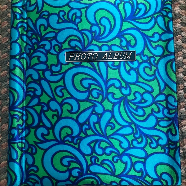 Vintage 70s Retro Satin Cover Self Adhesive Photo Album Blue and Green Made in Japan 10 Pages