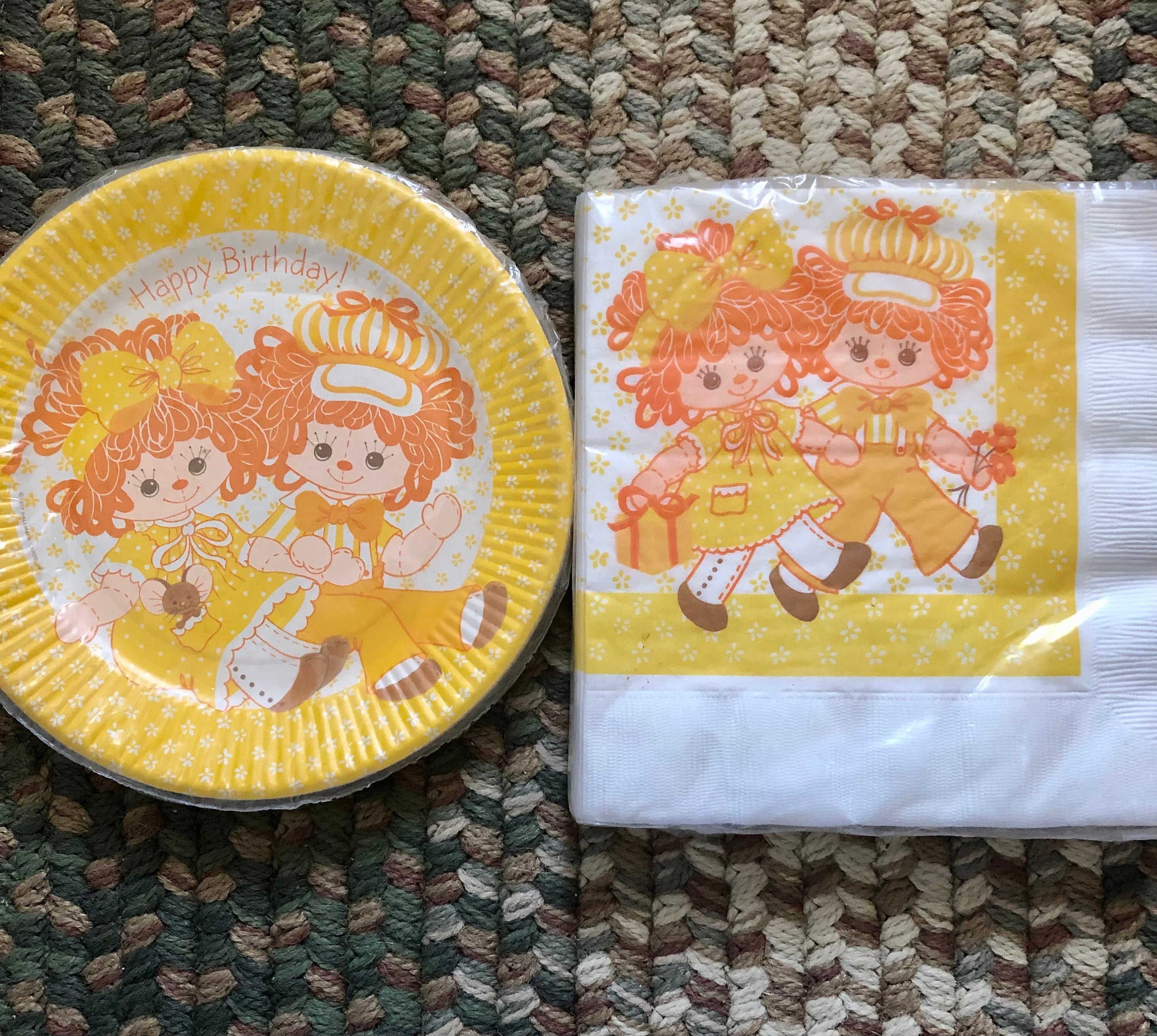 Vintage 70s Hallmark Ambassador Raggeday Ann and Andy Happy Birthday Dessert Plates and Napkins New Sealed Packages