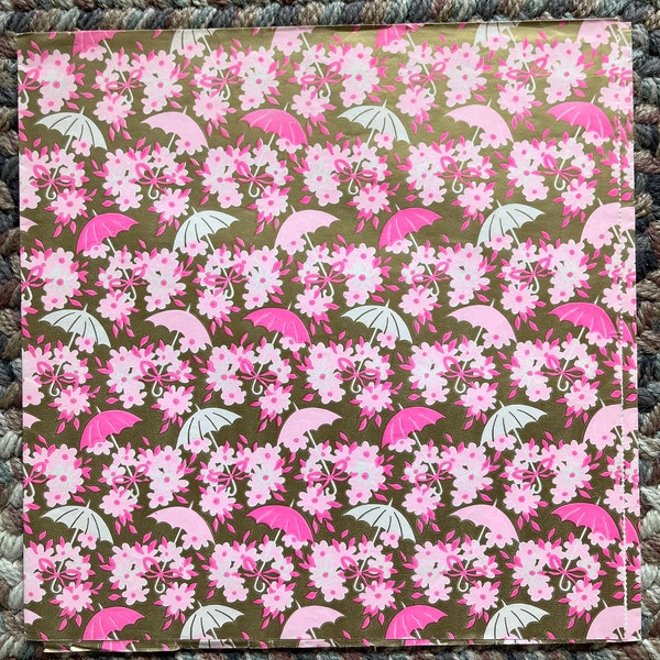 Vintage 60s Mid Century Bridal Shower Pink Umbrella Flowers Gift Wrap Full Sheet