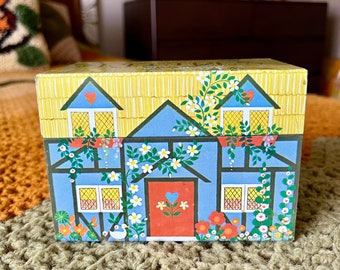 Vintage 70s Metal Recipe Box House with Flowers
