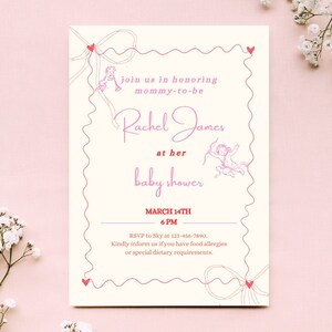 Bow Baby Shower Invitation Baby Girl Pink Bow themed Baby Shower Invite for Baby Sprinkle Illustration Style Invitation