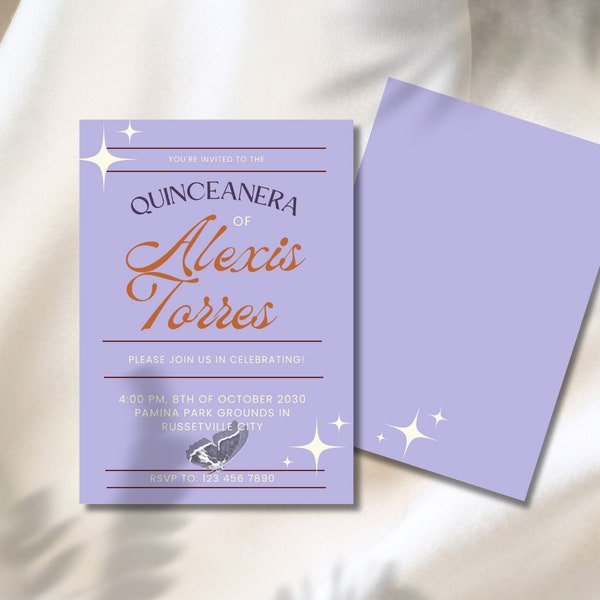 Purple Quinceanera Invite Trendy Teen Party Simple Invitation, Digital Birthday Invite, Customizable 15th Birthday Card