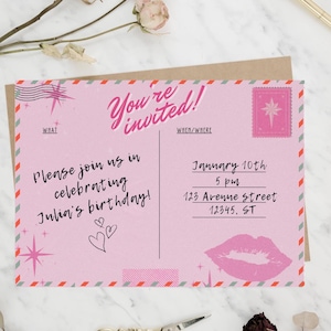 Postkarte Geburtstagseinladung Süßes Teen Mädchen Rosa Bday einladen, benutzerdefinierte Vorlage, kokette Grafik-Digitale Party-Einladung zum Geburtstag Evite