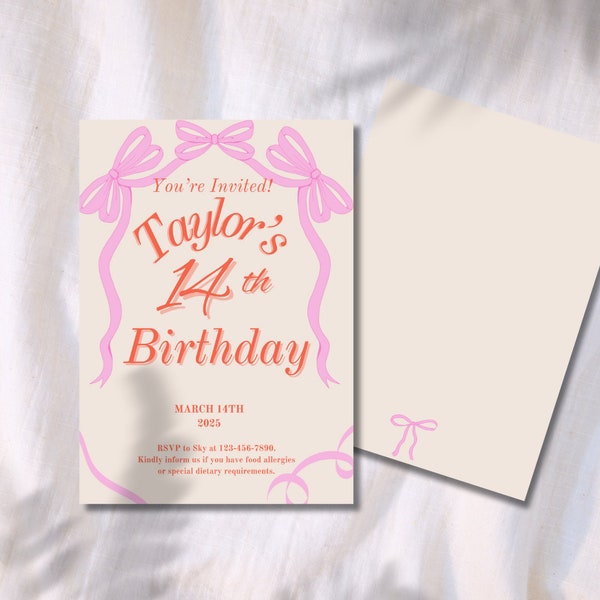 Bow Teen Birthday Invitation Template Party Simple Customizable Tween Birthday Invite Pink| Girls Party Digital Invite Template Ribbon