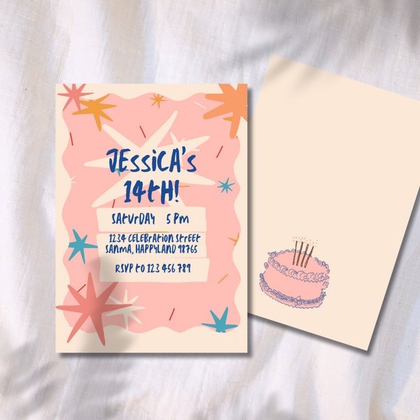 Teen Birthday Invitation Template Party Simple Customizable Tween Birthday Invite Pink| Girls Digital Party Invite Template Cake