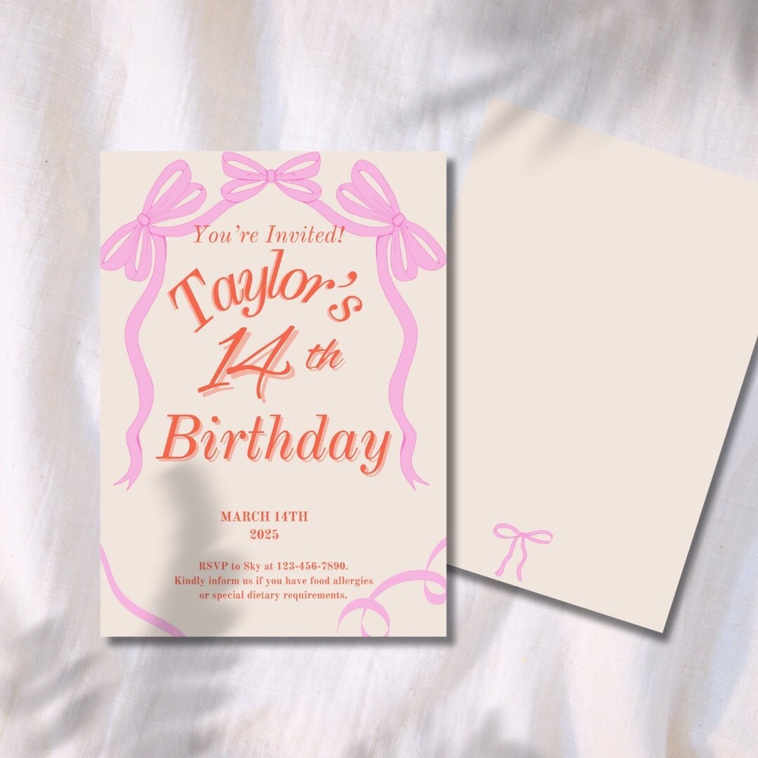 Bow Teen Birthday Invitation Template Party Simple Customizable Tween ...