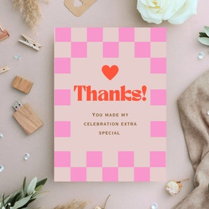 Thank You Cards Checker Teen Birthday Party Simple Tween Birthday Pink| Mädchenparty Digitales Dankeschön kariert