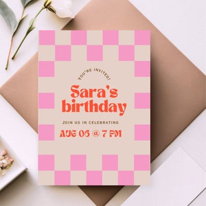 Girl Birthday Invitation Template Party Simple Customizable Checker Tween B day Invite Pink| Digital Party Preppy Invite Template