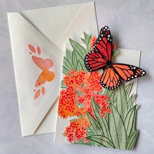 Monarch Butterfly Greeting Card, Locking Cut Paper Design, Hand-Painted in Watercolor with Linocut Print