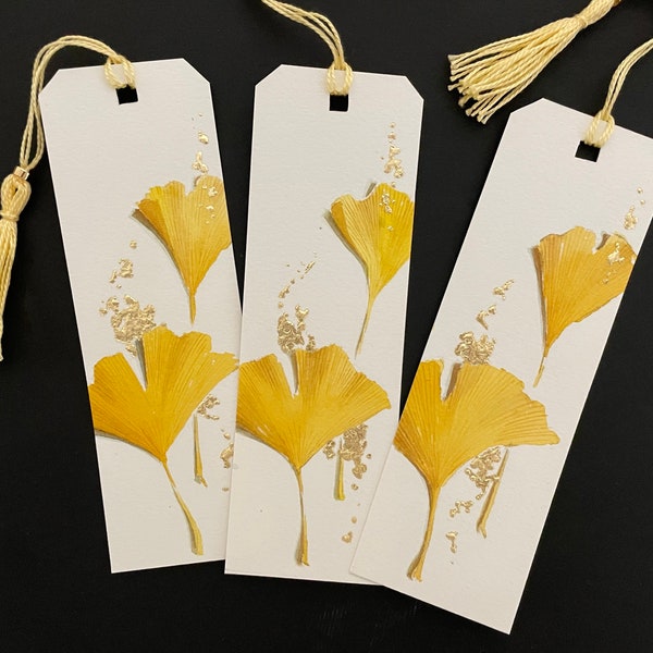 Hand-Painted Ginkgo Leaf Bookmarks, Personalizable, with Gold Leaf Accents and Tassel, Watercolor Painting