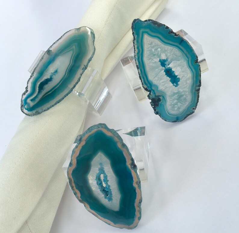 Teal Agate Napkin Rings Geode Slice on Clear Rectangular Etsy