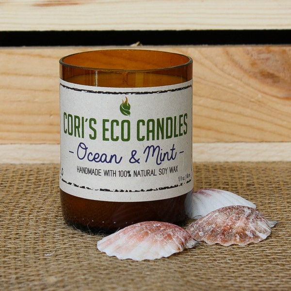 Ocean & Mint recycled natural soy candles - recycled glass beer bottles - natural soy candles handmade - soy scented candles - 5oz bottle