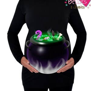 Puede incluir: Una camiseta negra de manga larga con un gráfico de caldero en el estómago. El caldero está lleno de líquido verde, un tentáculo morado y ojos. El texto "Happy Bellies & Babies" está impreso en la camiseta.