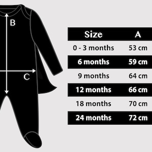 May include: Size chart for a black baby onesie with a cape. The chart shows measurements in inches for the length, chest, and width of the onesie. Sizes range from 0-3 months to 24 months.